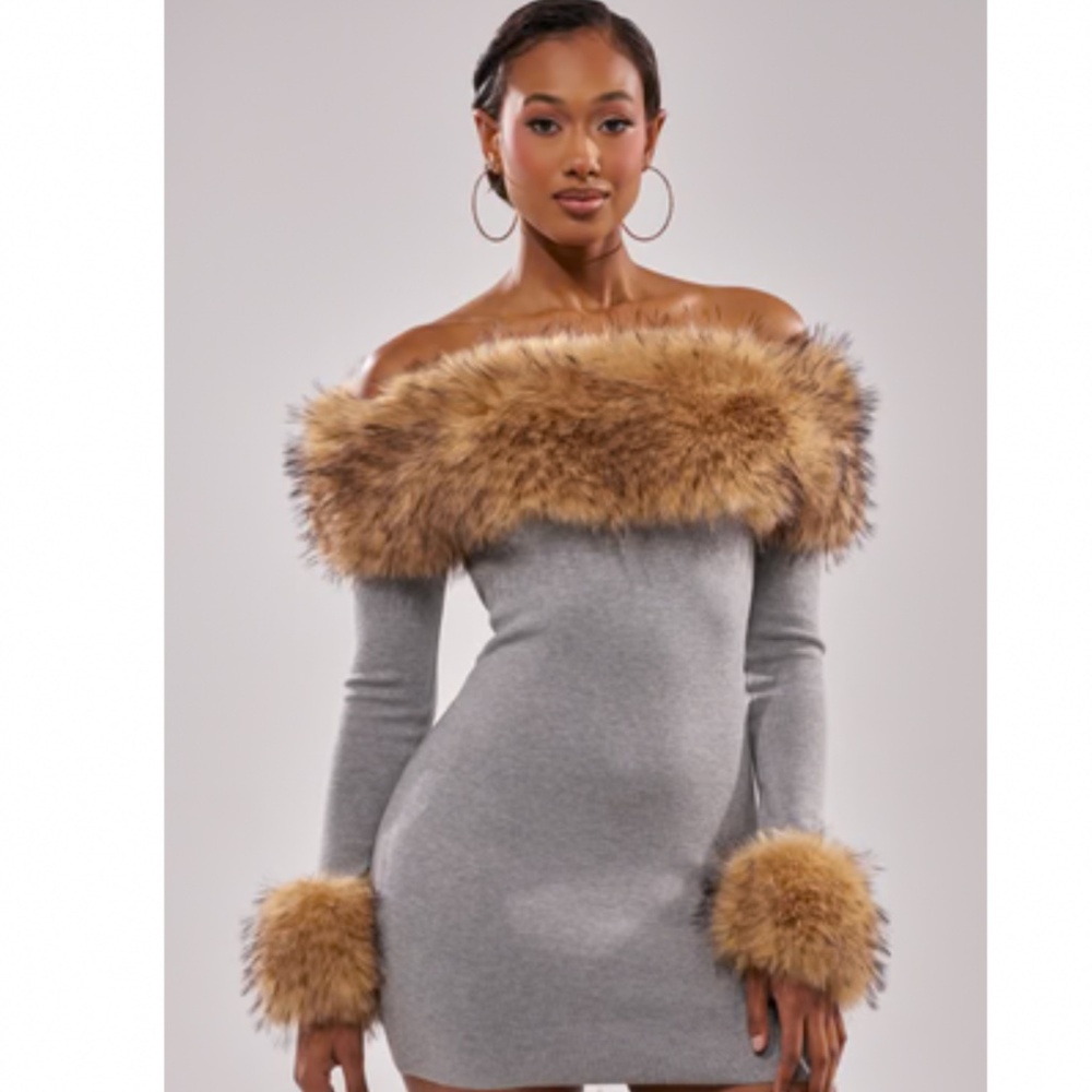 AKIRA COMFY COZY FUR TRIM MINI DRESS IN GREY Size MM